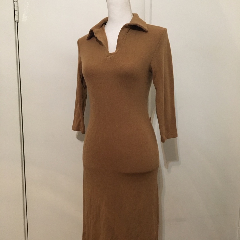 rave Collared Long Sleeve Midi Dress in Camel Brown